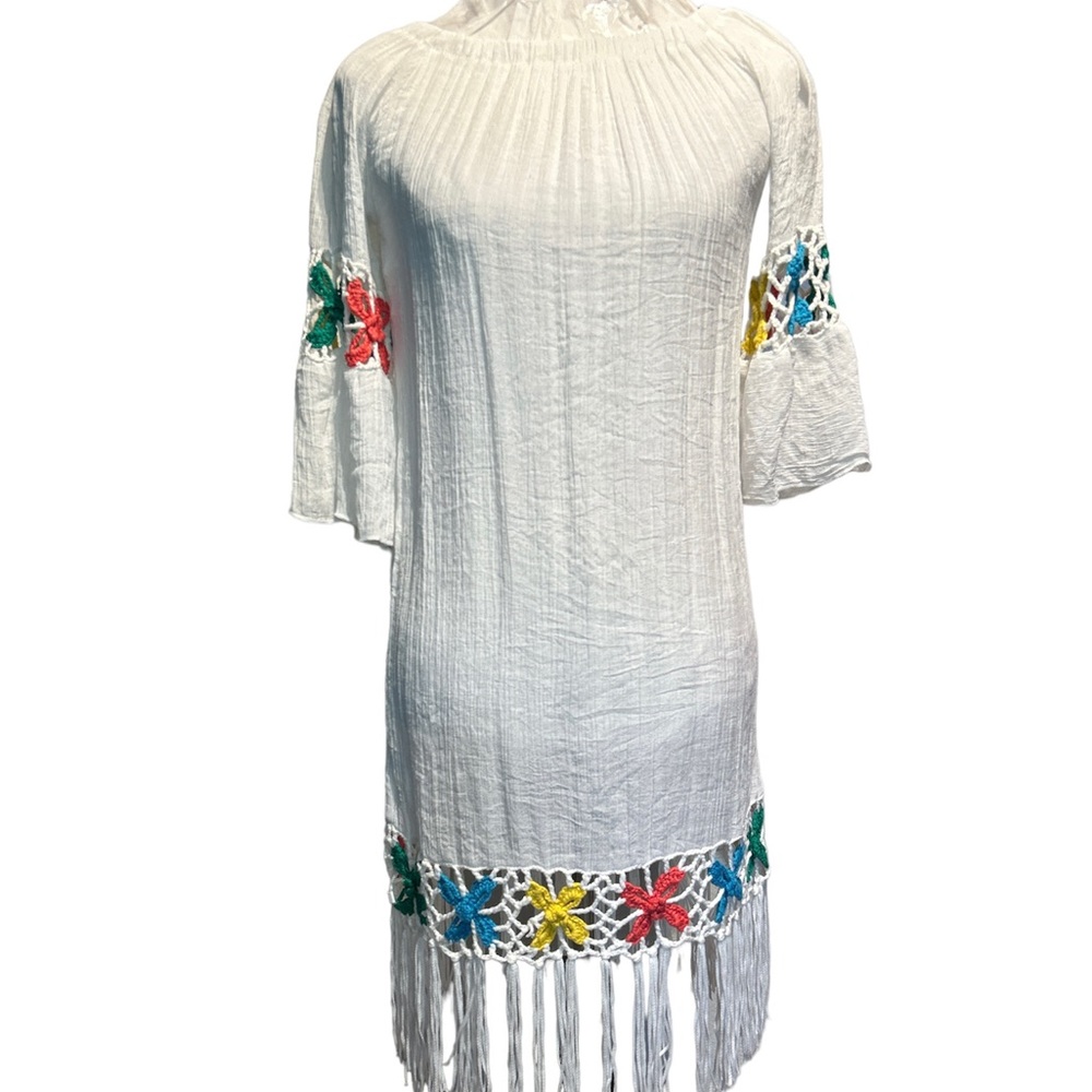 - White gauzy beach slip on beach cover up fringe embroidered details